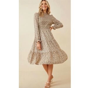 HAYDEN Floral Dress Smocked Ruffle Neck Midi Ivory Tiered Medium